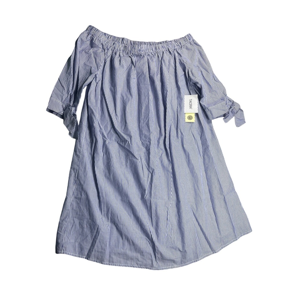 Tacera NWT Womens L Blue Stripe Off Shoulder Dress 100% Cotton Coastal Preppy